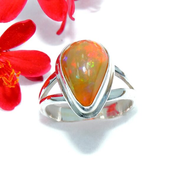 Ethiopian opal Gemstone Ring, 925 Sterling Silver Ring, Natural Opal Pear Shape - Picture 1 of 5